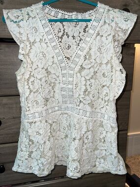 LOFT BOHO White Floral Lace V-Neck Flutter Sleeve Tunic
